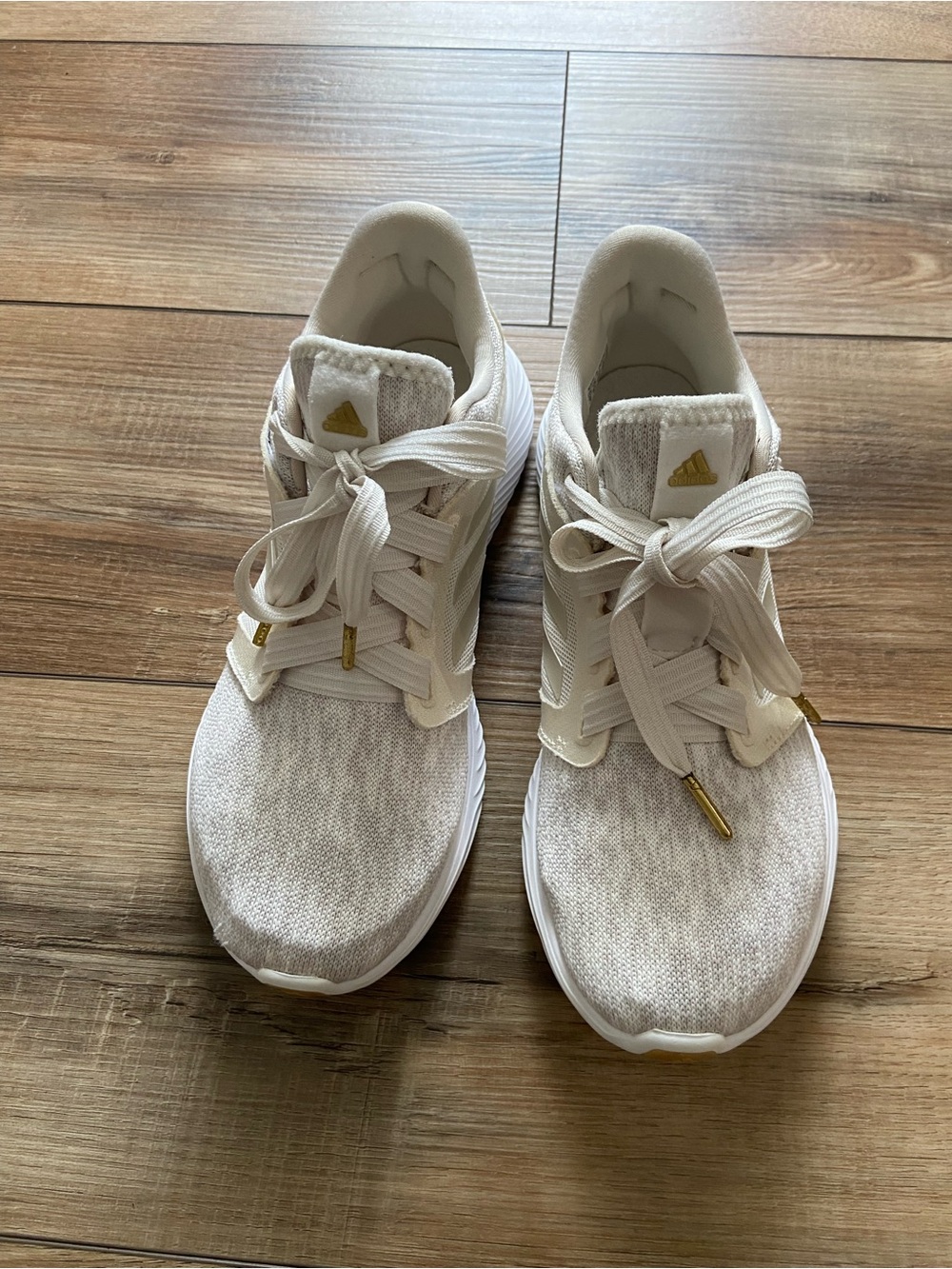 adidas Off-White Knit Sneakers with Gold Accents